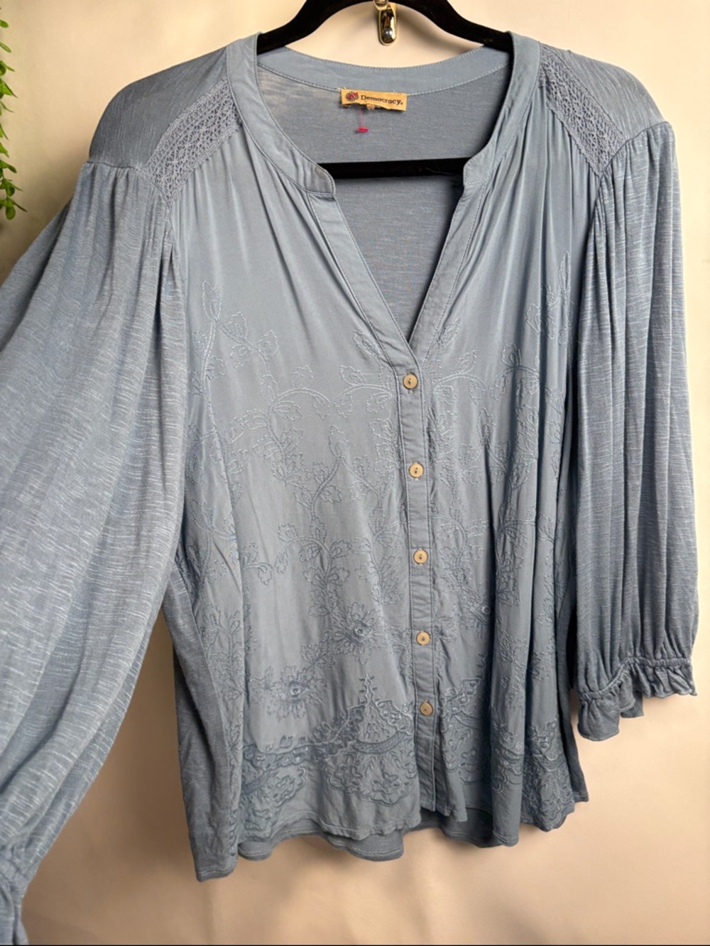 Democracy Dusty Blue Embroidered Button-Down Blouse
